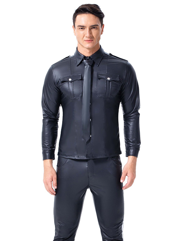 Men Leather Long Sleeve Tops With Pocket