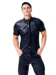 Men Leather Short Sleeve Tops With Pocket