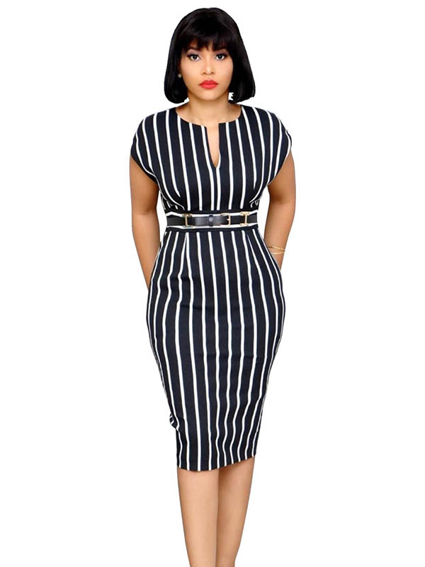 Casual Striped Stitching V Neck Split Plus Size Midi Dress