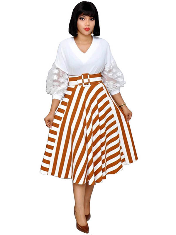 Petal Sleeve Stripe Stitching Plus Size Dress with Belt