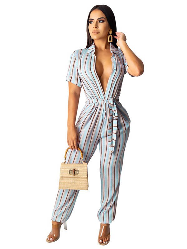 Women Deep V Neck Short Sleeve Jumpsuit