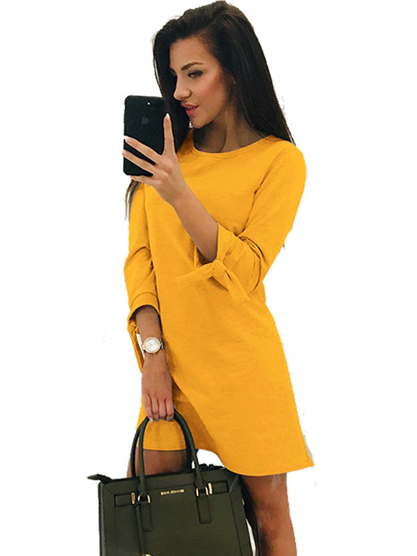 Women Solid Color Long Sleeve Mini  Dress