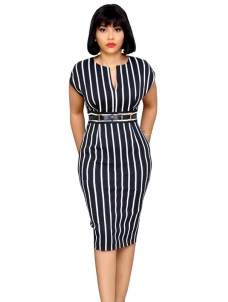 Casual Striped Stitching V Neck Split Plus Size Midi Dress