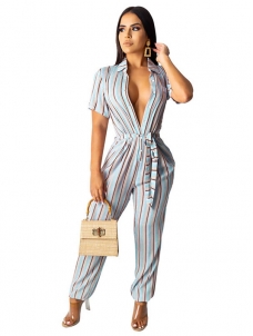 Women Deep V Neck Short Sleeve Jumpsuit