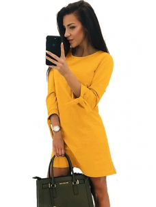 Women Solid Color Long Sleeve Mini  Dress
