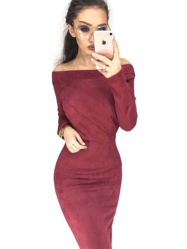  Long Sleeve Off Shoulder Women Mid-Calf Dress