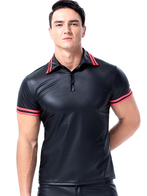 Men Black Short Sleeve Vinyl Tops