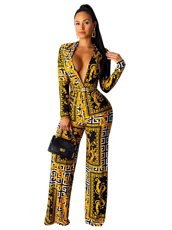 Women Deep V Neck Long Sleeve Jumpsuit