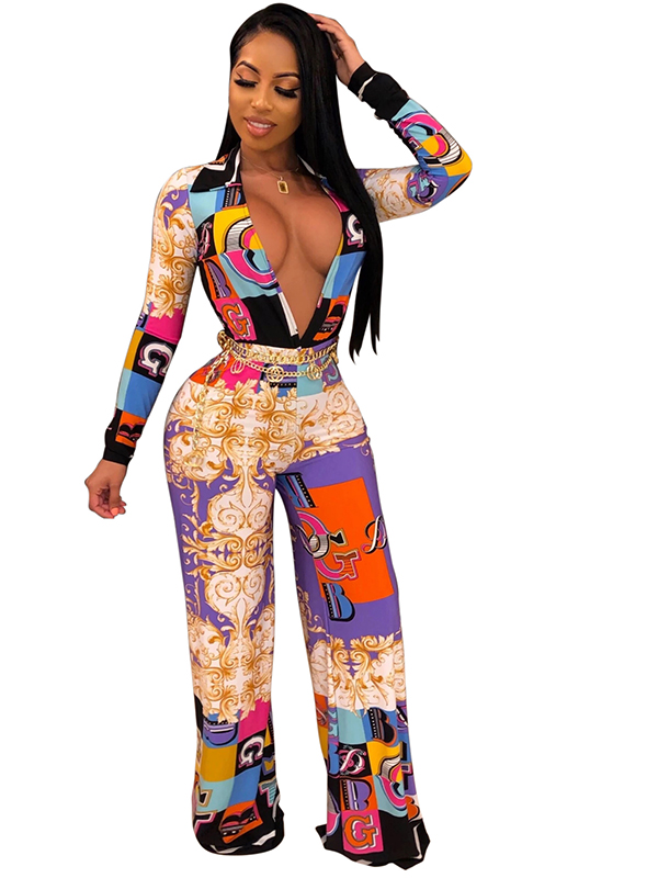 Women Deep V Neck Long Sleeve Jumpsuit