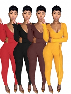 Deep V Neck Long Sleeve Jumpsuit