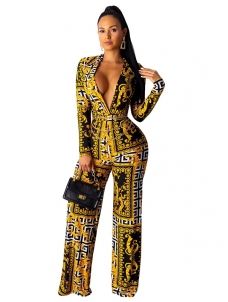 Women Deep V Neck Long Sleeve Jumpsuit