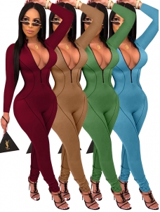 Women Zipper Long Sleeve Jumpsuit