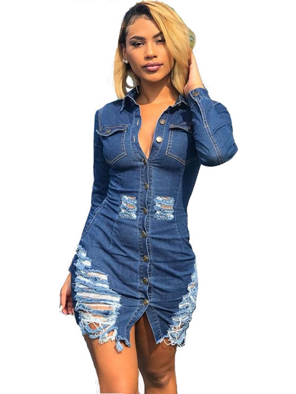 Denim Women Mini Dress Long Sleeve