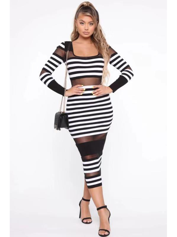 Long Sleeve Strip Women Maxi Dress