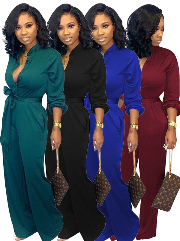 Women Deep V Neck Long Sleeve Jumpsuit