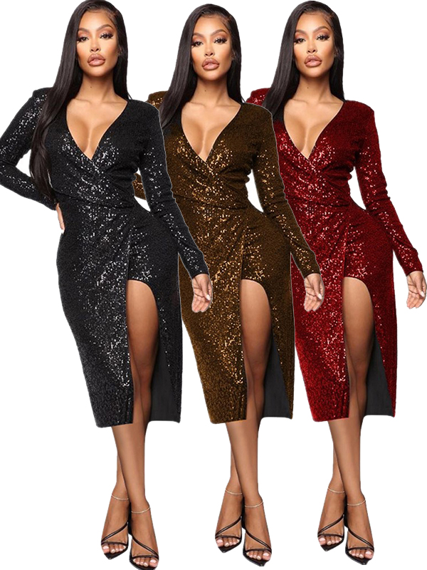 Women Deep V Neck Long Sleeve Midi Dress