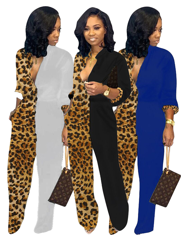 Women Leopard Long Sleeve Jumpsuit