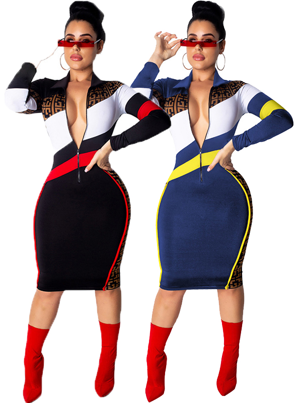 Women Zipper Long Sleeve Midi Dress