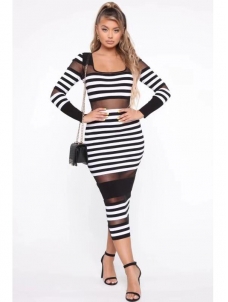 Long Sleeve Strip Women Maxi Dress