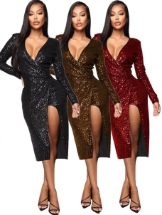 Women Deep V Neck Long Sleeve Midi Dress