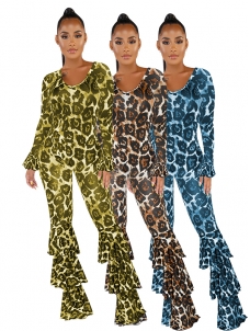 Women Leopard Long Sleeve Jumpsuit