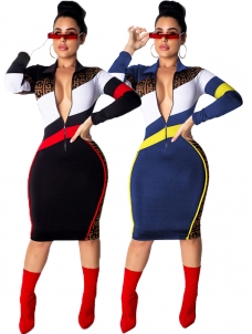 Women Zipper Long Sleeve Midi Dress