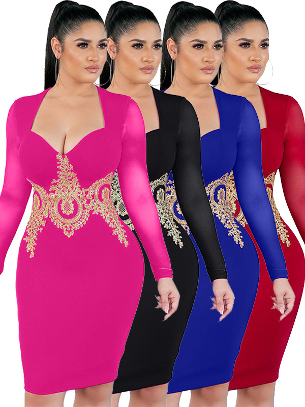 Deep V Neck Women Long Sleeve Midi Dress