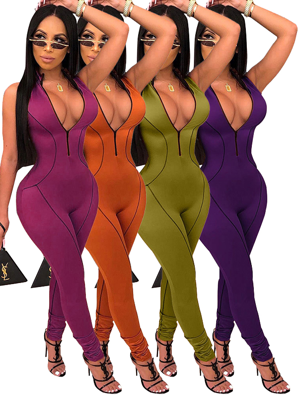 Women Deep V Neck Sleeveless Jumpsuit