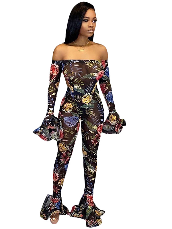Women Off Shoulder Long Sleeve Jumpsuit