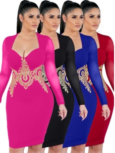 Deep V Neck Women Long Sleeve Midi Dress