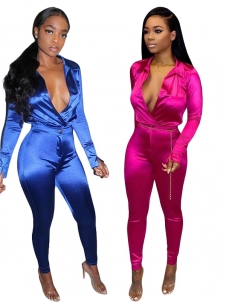Women Deep V Neck Long Sleeve Jumpsuit