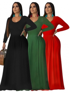 Women Round Neck Long Sleeve Maxi Dress