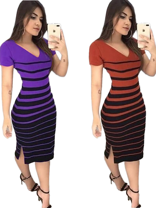 Women V Neck Short Sleeve Midi Dress