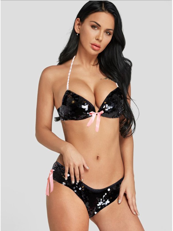 Black Women Sequins Bikini Bra Lingerie