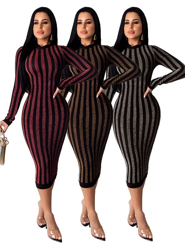 Women Striped Long Sleeve Maxi Dress