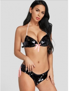 Black Women Sequins Bikini Bra Lingerie