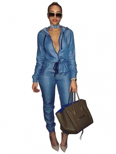 Women Jeans Zipper Long Sleeve Jumpsuit