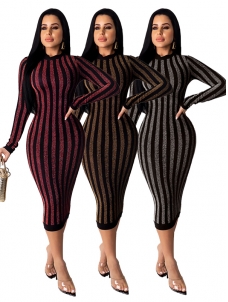 Women Striped Long Sleeve Maxi Dress