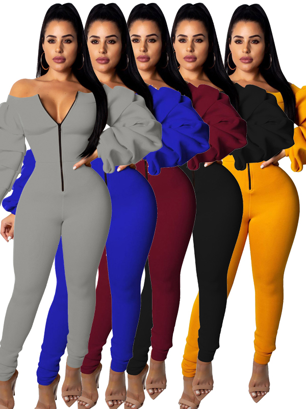 Off Shoulder Women Long Sleeve Zipper Jumpsuit