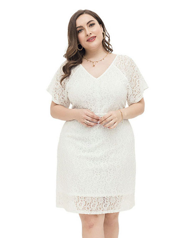 Plus Size Women Short Sleeve Lace Midi Dress