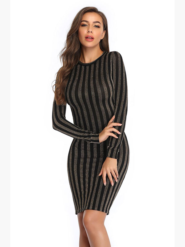 Women Long Sleeve Strip Midi Dress