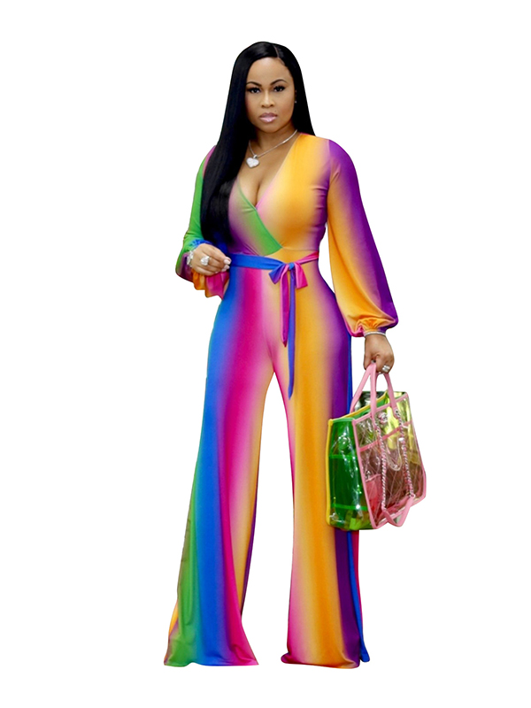 Women Strip Deep V Neck Jumpsuit