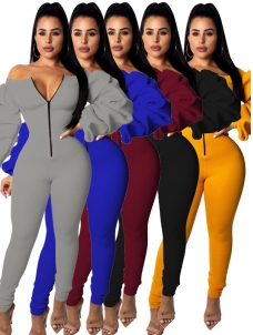 Off Shoulder Women Long Sleeve Zipper Jumpsuit