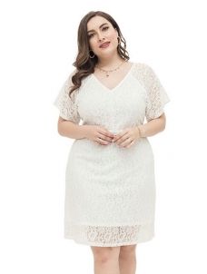 Plus Size Women Short Sleeve Lace Midi Dress