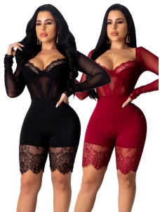 Women Long Sleeve Lace Romper