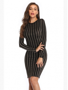 Women Long Sleeve Strip Midi Dress