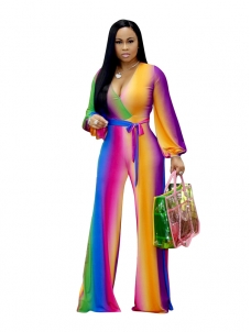 Women Strip Deep V Neck Jumpsuit