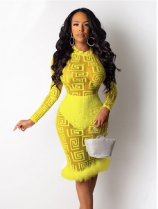 Women Yellow Long Sleeve Midi Dress