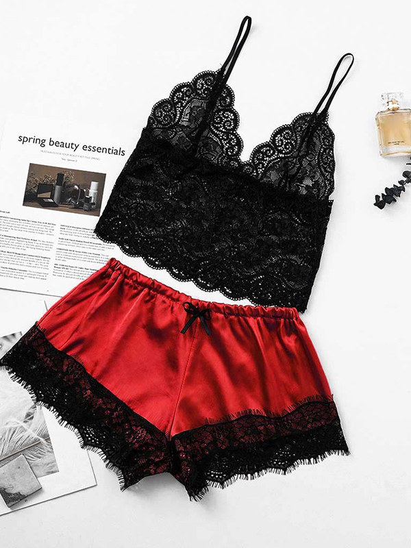 Aphrodisiac Sleeveless Bra Patchwork Shorts Satin