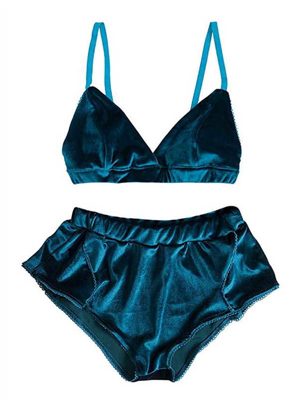 Blue Satin Sleepwear Set Elastic Waist Strap